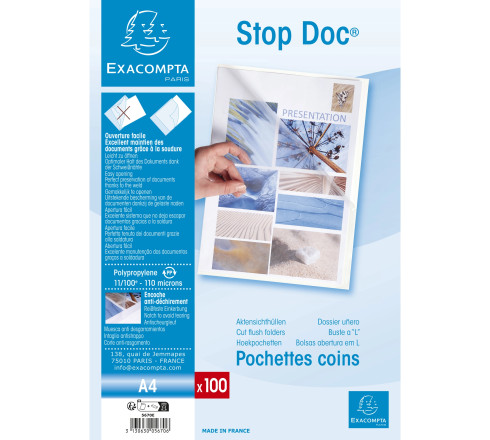 Etui carton de 100 pochettes coin Stop doc polypropylène lisse 11/100e - A4