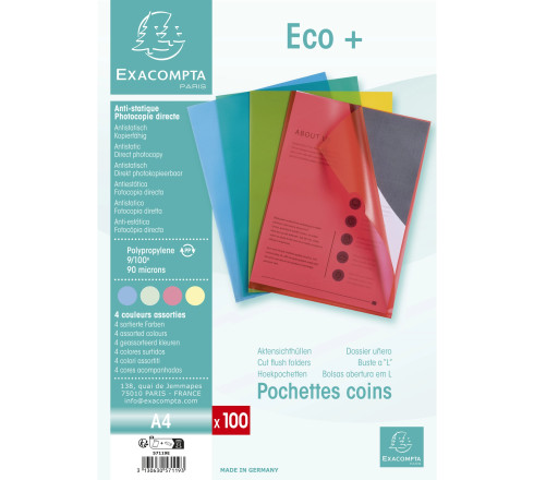 Sachet de 100 pochettes coin polypropylène grainé Budget - A4