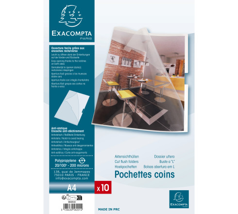 Sachet de 10 pochettes coin avec encoches polypropylène lisse rigide Haute Qualité 20/100e - A4