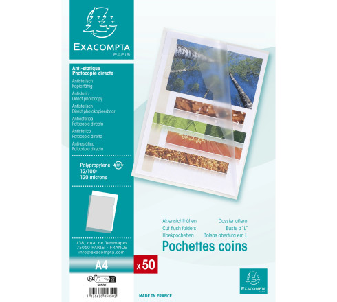Sachet 50 pochettes coin polypropylène grainé 12/100e - A4