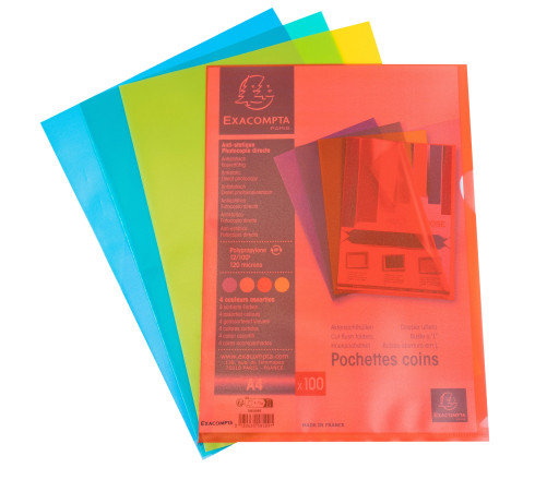 Sachet de 100 pochettes coin polypropylène grainé 12/100e - A4