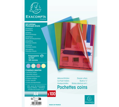 Sachet de 100 pochettes coin polypropylène grainé 12/100e - A4