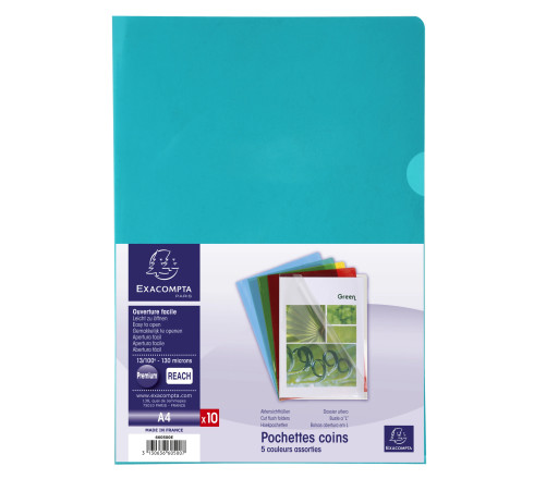 Sachet de 10 pochettes coin PVC lisse haute résistance 13/100e - A4