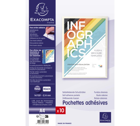 Sachet de 10 pochettes adhésives PVC lisse 14/100e - A4