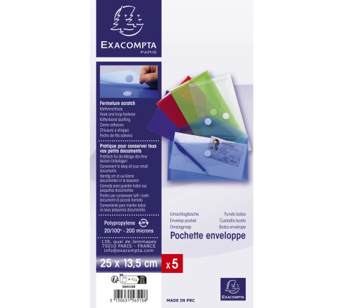 Sachet de 5 mini pochettes-enveloppes polypropylène - 25x13,5cm