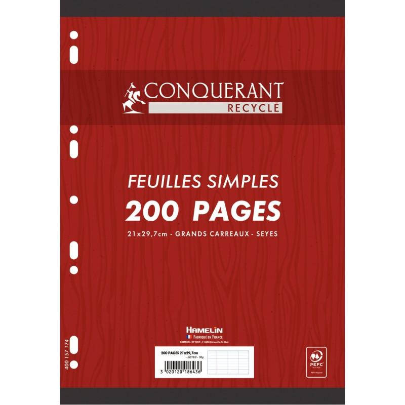 Feuillets mobiles CONQUERANT RECYCLE 200 pages 90g, format A4, seyès