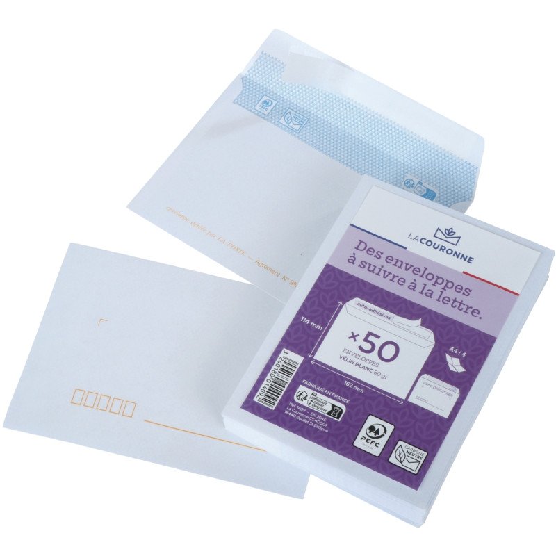 Paquet de 50 enveloppes blanches 114x162mm 80g bande siliconée précasé