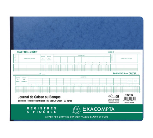 Piqûre Journal de caisse ou banque 29,7x38cm à tête paresseuse - collones ventilation : 17 débit, 9 crédit - 33 lignes - 80