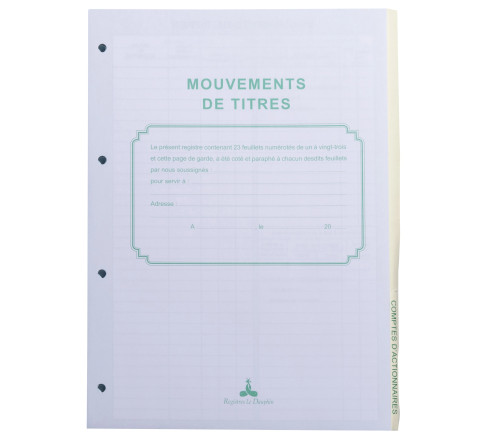 Recharge numérotée/perforée 58 feuillets unis blanc, épaisseur du papier 90g, avec gardes titrées pour classeurs Mouvements