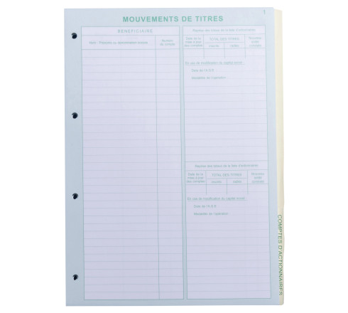 Recharge numérotée/perforée 58 feuillets unis blanc, épaisseur du papier 90g, avec gardes titrées pour classeurs Mouvements