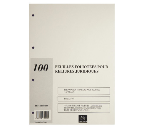 Recharge de 100 feuillets A4 80g pour reliure juridique 4 anneaux