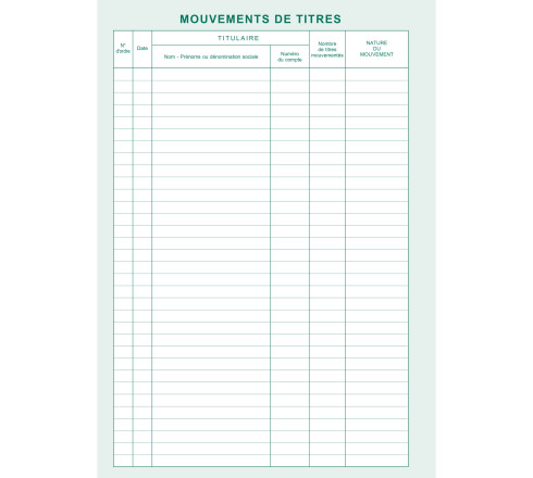Registre des mouvements de titre, liste des actionnaires, 58 feuillets