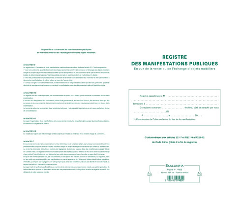 Piqûre 32x19,5cm - Registre d'identification des vendeurs en vue d'une manifestation publique - 80 pages