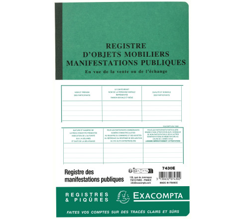 Piqûre 32x19,5cm - Registre d'identification des vendeurs en vue d'une manifestation publique - 80 pages