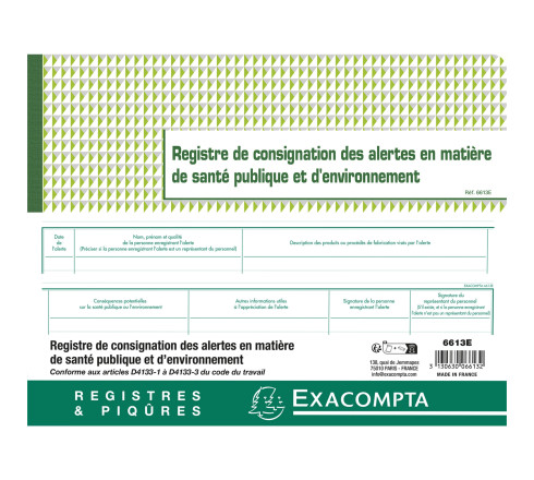 Piqûre 24x32cm - Registre de consignation des alertes en matière de santé publique et d'environnement - 20 pages