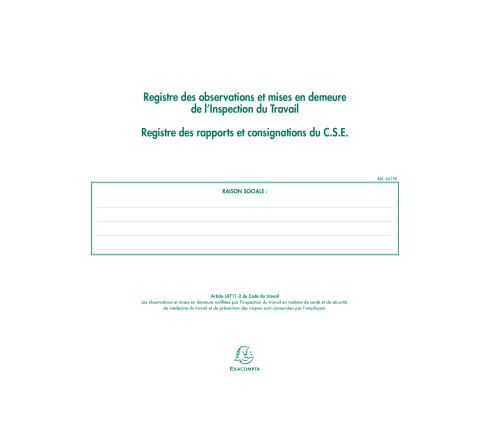 Piqûre 24x32cm - Registre de l'Inspection du travail et du C.S.E. - folioté - 16 pages