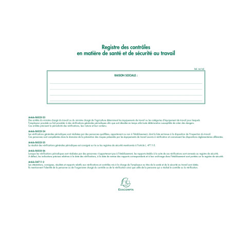 Piqûre 24x32cm - Registre des contrôles de santé et de sécurité au travail - 20 pages
