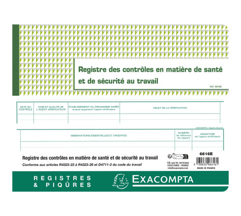 Piqûre 24x32cm - Registre des contrôles de santé et de sécurité au travail - 20 pages