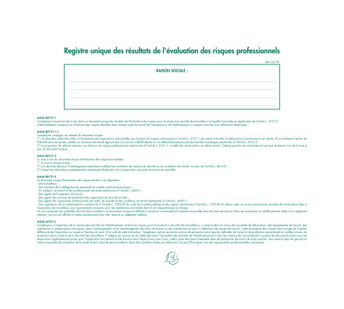 Piqûre 24x32cm - Registre unique des résultats de l'évaluation des risques professionnels - 60 pages