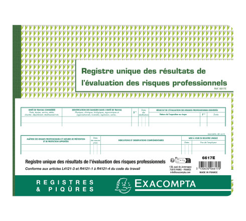 Piqûre 24x32cm - Registre unique des résultats de l'évaluation des risques professionnels - 60 pages