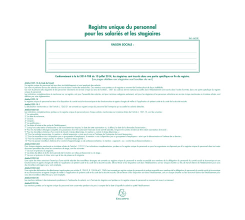 Piqûre 27x32cm - Registre unique du personnel (salariés et stagiaires) - 56 pages