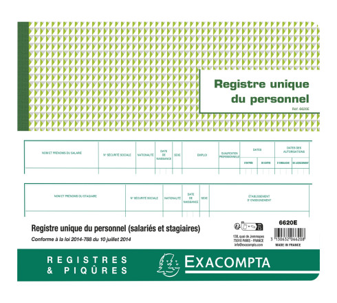 Piqûre 27x32cm - Registre unique du personnel (salariés et stagiaires) - 56 pages