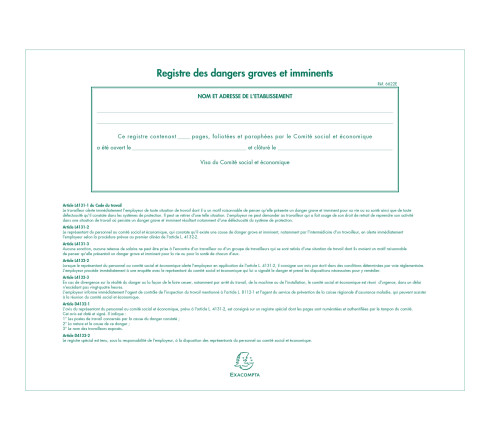 Piqûre 24x32cm - Registre des dangers graves et imminents - 20 pages