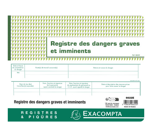 Piqûre 24x32cm - Registre des dangers graves et imminents - 20 pages