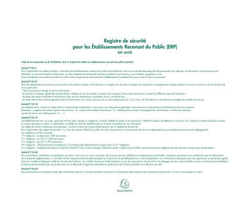 Piqûre 24x32cm - Registre de sécurité pour les établissement recevant du public (ERP) - 32 pages