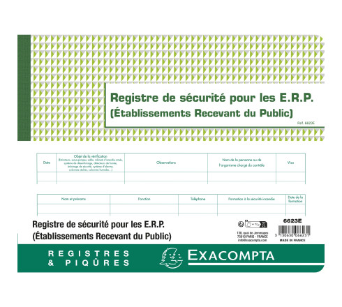 Piqûre 24x32cm - Registre de sécurité pour les établissement recevant du public (ERP) - 32 pages