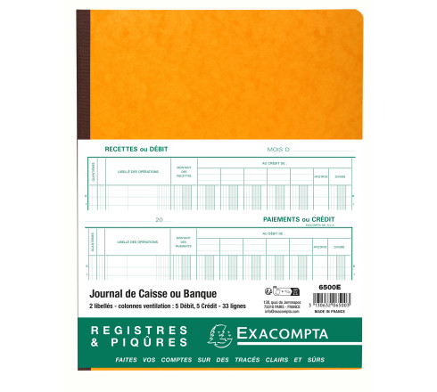 Piqûre 32x25cm Journal de caisse ou banque 5 débit - 5 crédit 33 lignes 80 pages