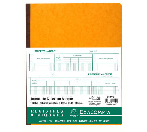 Piqûre 32x25 Journal de caisse ou banque 9 débit - 4 crédit 33 lignes 80 pages