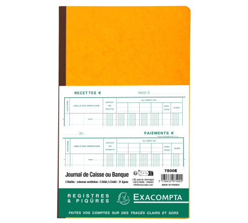 Piqûre 32x19,5cm Journal de caisse ou banque 5 débits - 5 crédits 31 lignes 80 pages