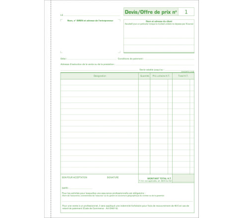 Manifold Devis Micro-entrepreneur 29,7x21cm 50 feuillets dupli autocopiants