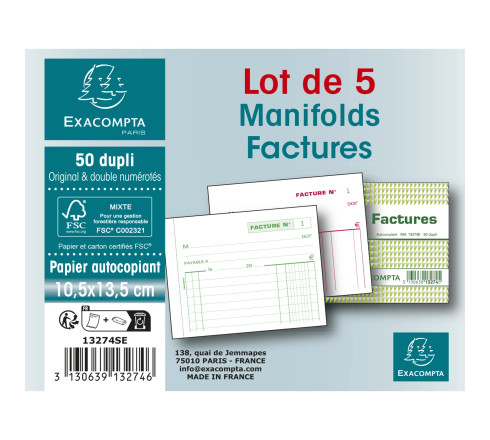 Manifolds Factures 10,5x13,5cm - 50 feuillets dupli - Sous film par lot de 5