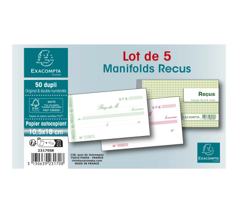 Manifolds Reçus 10,5x18cm - 50 feuillets dupli - Sous film par lot de 5