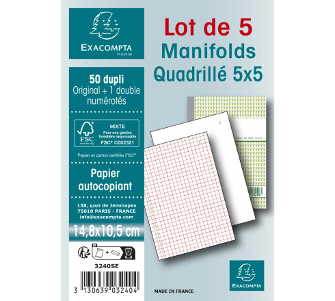 Manifold quadrillé 5x5 14,8x10,5cm- 50 feuillets dupli - Sous film par lot de 5