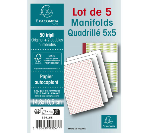 Manifold quadrillé 5x5 14,8x10,5cm - 50 feuillets autocopiants tripli - Sous film par lot de 5