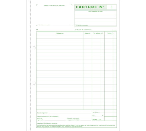 Manifold Factures avec mention TVA 29,7x21cm 50 feuillets dupli autocopiants