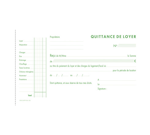 Manifold Quittances de loyer 12,5x21cm 50 feuillets tripli autocopiants