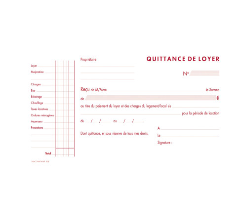 Manifold Quittances de loyer 12,5x21cm 50 feuillets tripli autocopiants