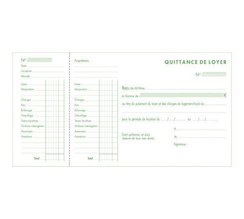 Carnet à souche Quittances de loyer 50 feuillets - Format horizontal de la quittance 13x18,5 cm