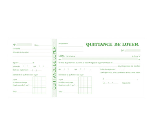 Carnet à souche Quittances de loyer 50 feuillets - Format horizontal de la quittance : 10,1x16,5 cm