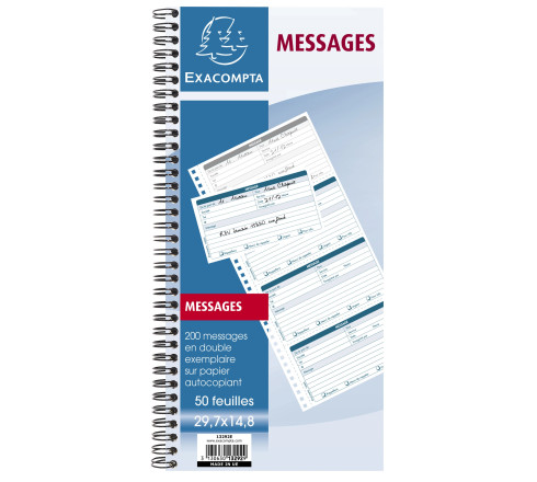 Carnet spiralé 29,7x14,8cm - Messages téléphones (4 à la page) - 50 feuilles dupli autocopiantes