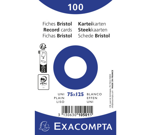 Paquet 100 fiches sous film - bristol uni non perforé - 75x125mm