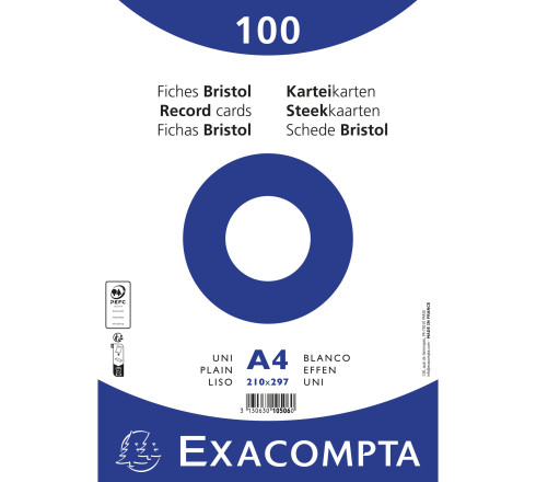 Paquet 100 fiches sous film - bristol uni non perforé - 210x297mm