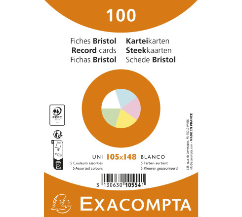Paquet de 100 fiches sous film - Bristol UNI non perforé 105x148mm