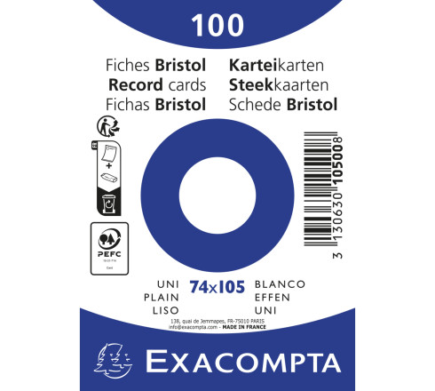 Paquet 100 fiches sous film - bristol uni non perforé 74x105mm