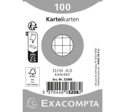 Paquet 100 fiches sous film - bristol quadrillé 5x5 non perforé 55x74mm