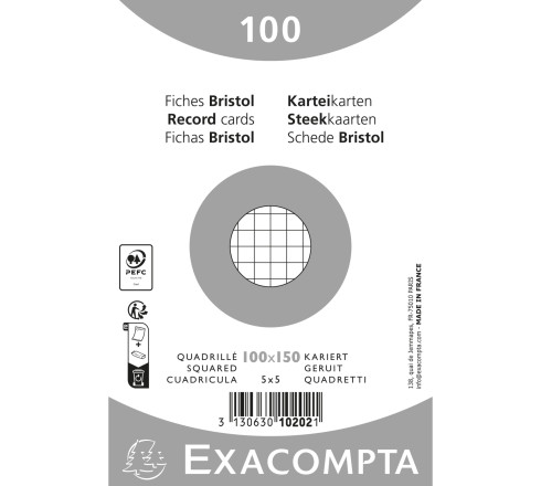 Paquet 100 fiches sous film - bristol quadrillé 5x5 non perforé - 100x150mm